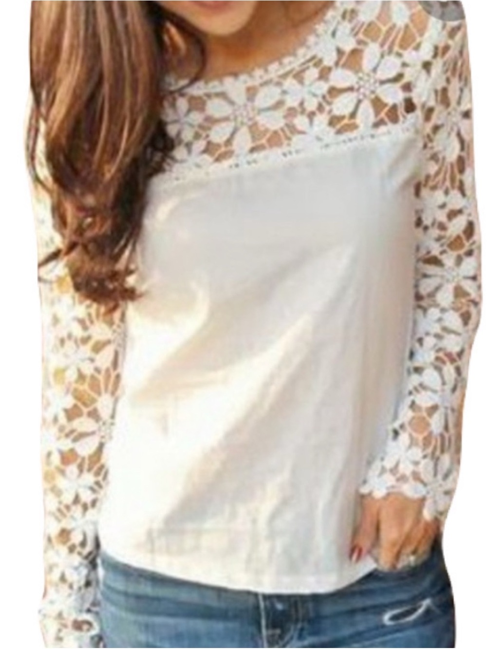 NWT Lookbook Store Womens 4 White Cream Floral Lace Long-Sleeve Crochet Yoke Top